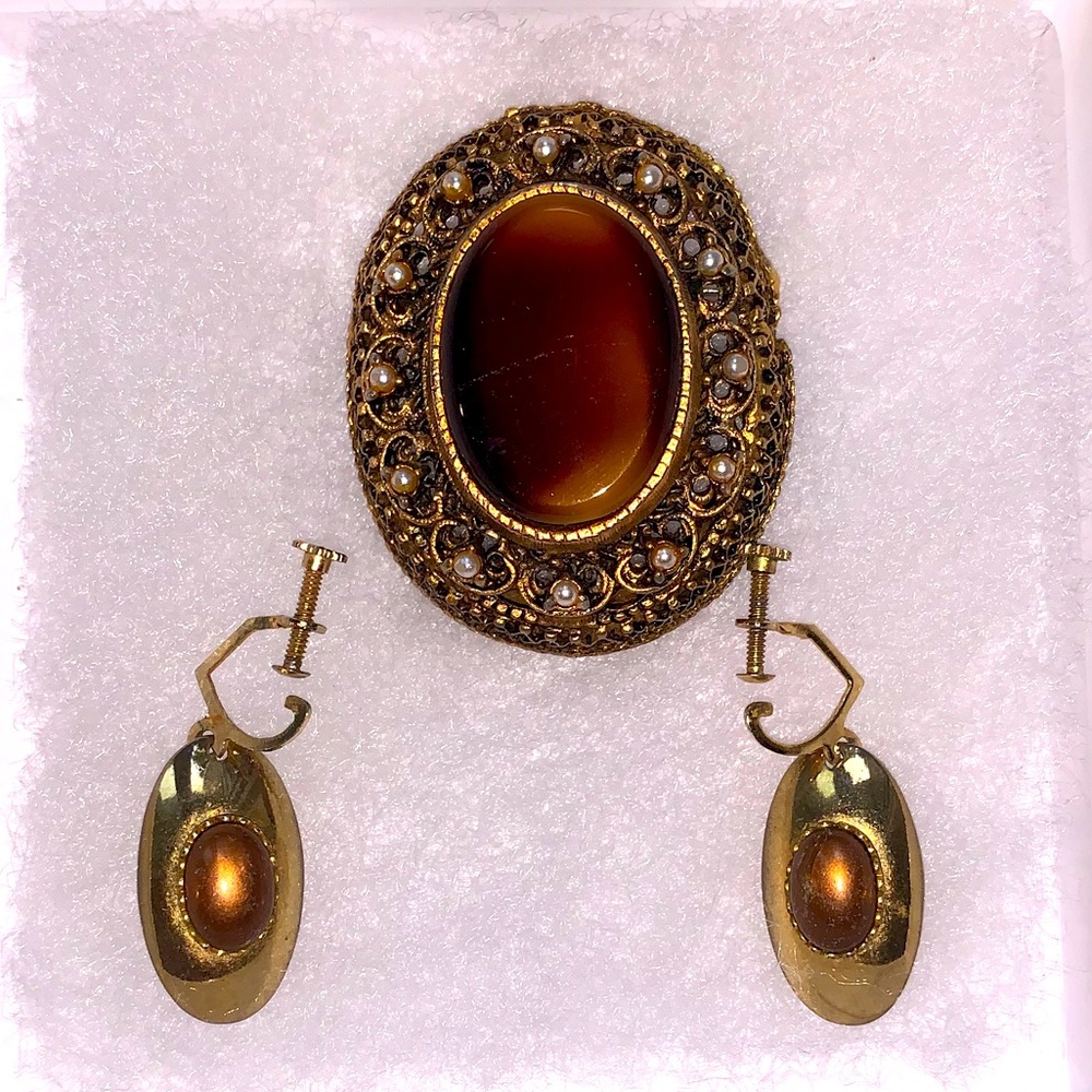 Vintage Tiger Eye Brooch & Earring Set
